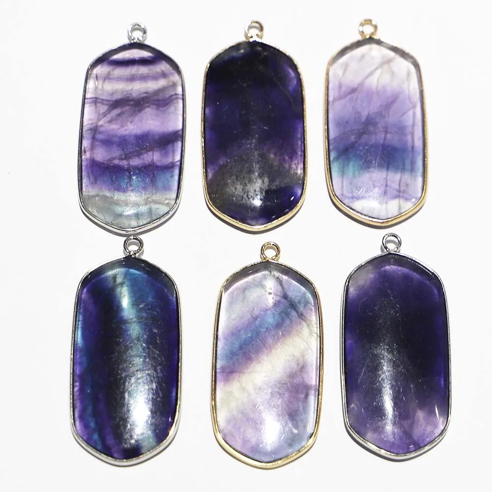 Fashion Natural Fluorite Polygon Gilt Edged Pendant Mineral Healing Necklace Reiki Charms DIY Jewelry Accessories Wholesale 6Pcs