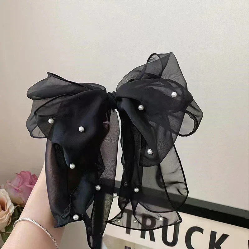 Fermagli per capelli con fiocco in chiffon con graziosi nastro e perle per donne alla moda - Elegante fermaglio per coda di cavallo e accessorio per molletta - immagine 5