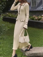 REALEFT Autumn Winter Elegant Knitted Long Ruffles Dressres 2025 New High Waist Buttons Turn-down Collar Sweater Dresses Female - Image 5