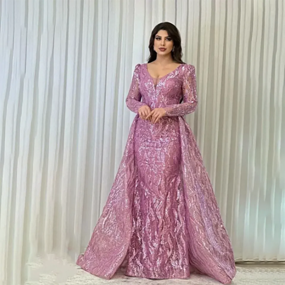 Maßgeschneidertes Luxus-Paillettenkleid mit V-Ausschnitt Meerjungfrau-Abendkleid 2026 Langarm Abnehmbarer Schlepp Tüll-Brautkleid – Detail 3