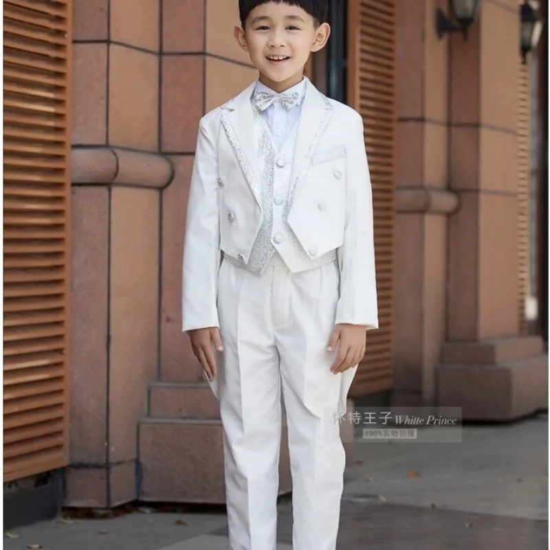 Elegant Fashion Children White Tuxedo Set Costume Birthday Fashion Casual Brand Formal Boy Wedding Suits Blazers 5PCS Set