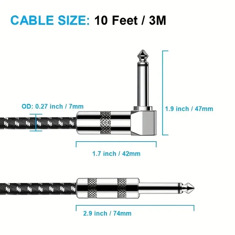 Guitar Cable 1m 3m 6m 10FT 1/4 Inch Instrument Noise Free Super Durable AMP Cord for Bass