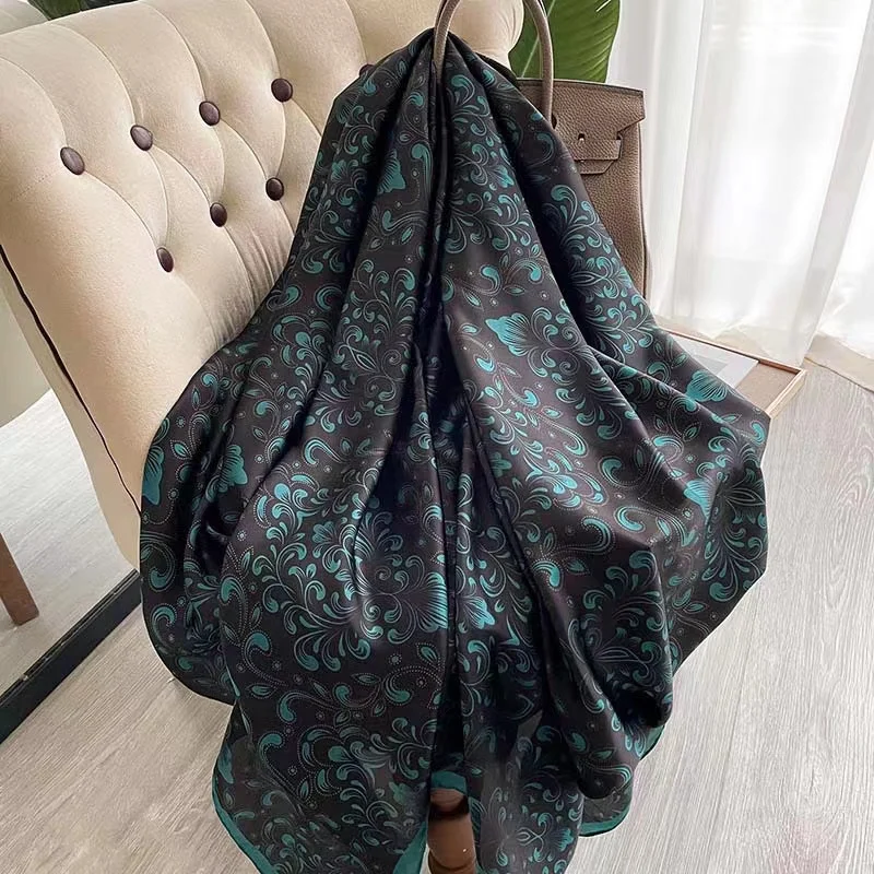 180X90CM Satin Shawls Autumn Colour Print Bandanna Korean Style Dustproof Silk Scarves Popular Sunscreen Beach Towel foulard 6