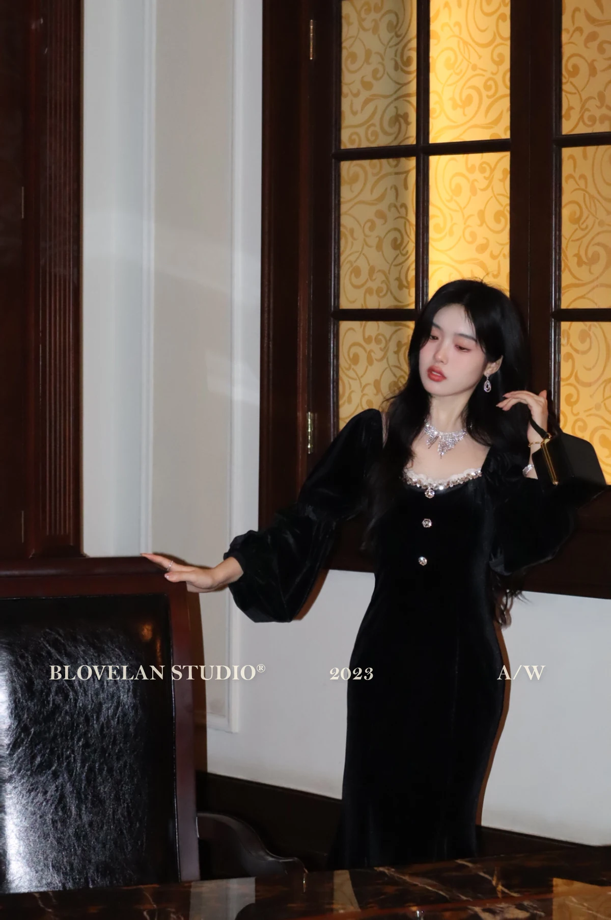 Elegant Black Velvet Midi Dresses for Women Square Collar Slim Bodycon Ruffles Patchwork Fishtail Autumn New Evening Party Dress