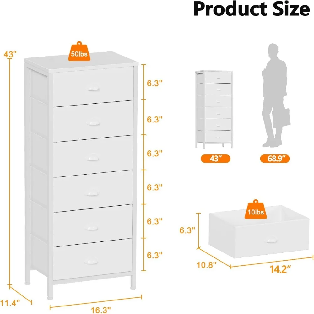 White Tall Dresser for Bedroom,Vertical Storage Tower Unit and End Table with 6 Drawers, Nightstand Furniture Fabric Drawer 3