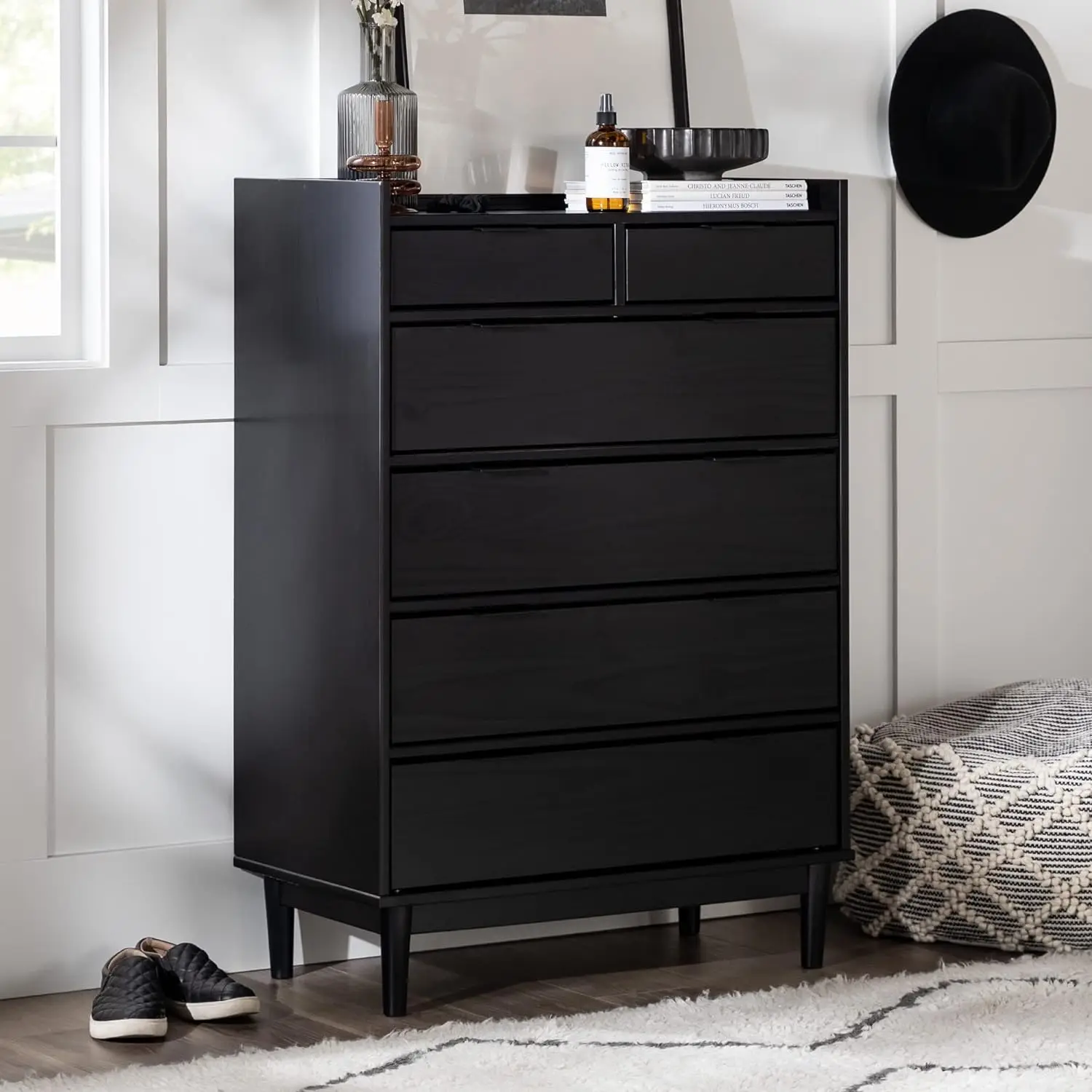 

Walker Edison Blythe Mid-Century Modern Tray-Top Solid Wood 6-Drawer Dresser, 30 Inch, Black