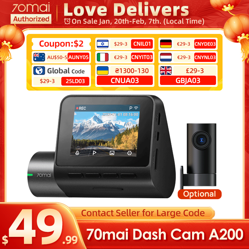 70mai Dash Cam A200 Gobal Dual-channel Record 1080P HDR 2'' IPS Screen 24H Parking Monitor 70mai Car DVR A200 WIFI APP 130° FOV