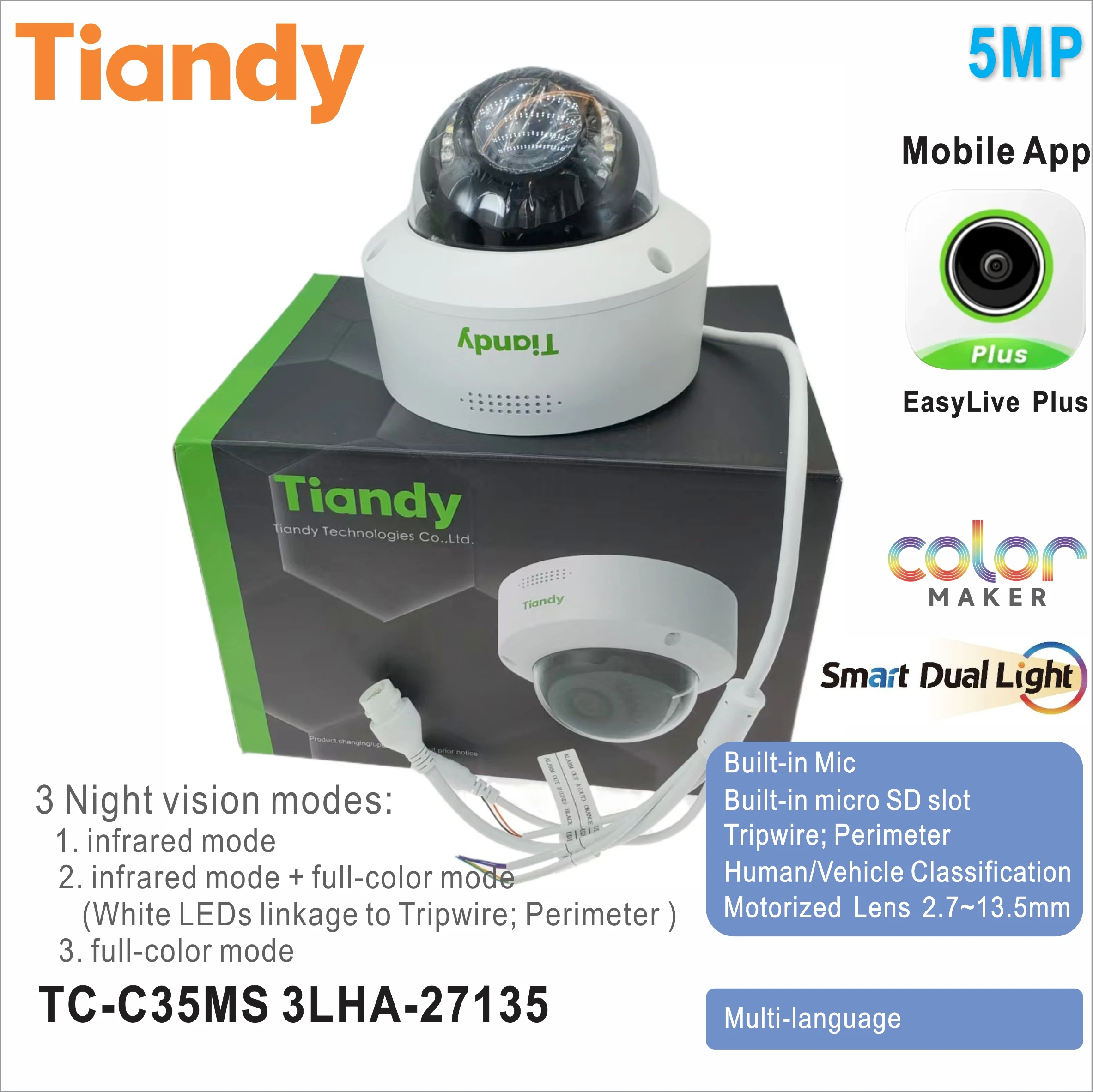Tiandy TC-C35MS 3LHA-27135 5MP 스마트 듀얼 라이트 돔 카메라 풀 컬러 IP 카메라 내장 마이크 트립와이어 전동식 2.713.5mm