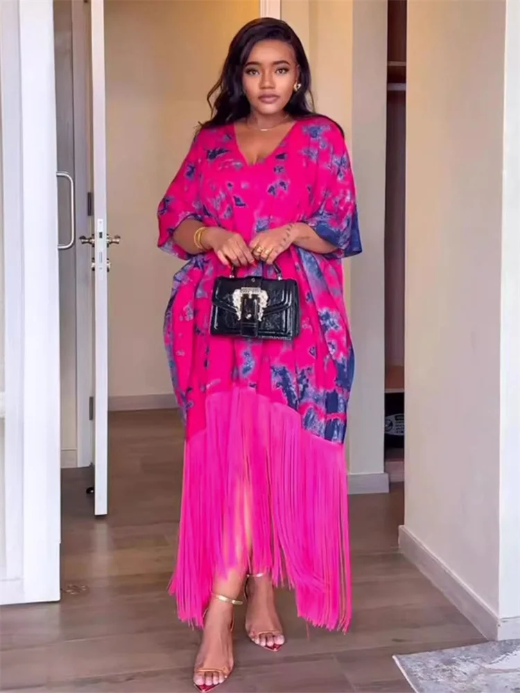 Wmstar Women Dresses Loose Sex Print V Neck Short Sleeve Tassel Nightclub Party Dress Wholesale Dropshipping one size