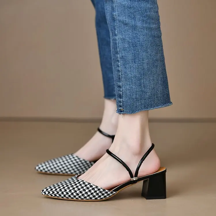 

Baotou back empty sandals high heels women's thick heel 2023 summer new single shoes pointed toe black work shoes high heels