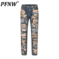 PFNW High Street Vintage Messy Sewing Patched Holes Embroidery Straight Slim Fit Jeans For Men Tide New Pencil Pants 12C1867 1