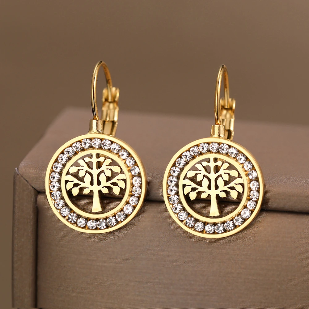 Crystal Earrings Stainless Steel Fortune Tree 3A Zircon Charm For Women Jewelry Party Gifts
