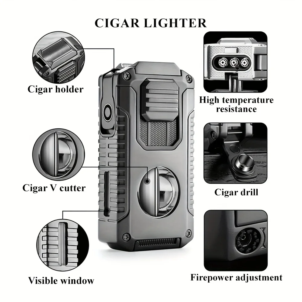 2025 New Multifunctional Three-jet Flame Direct Injection Cigar Lighter with Built-in V-shaped Cigar Cutter Portable Five-in-one
