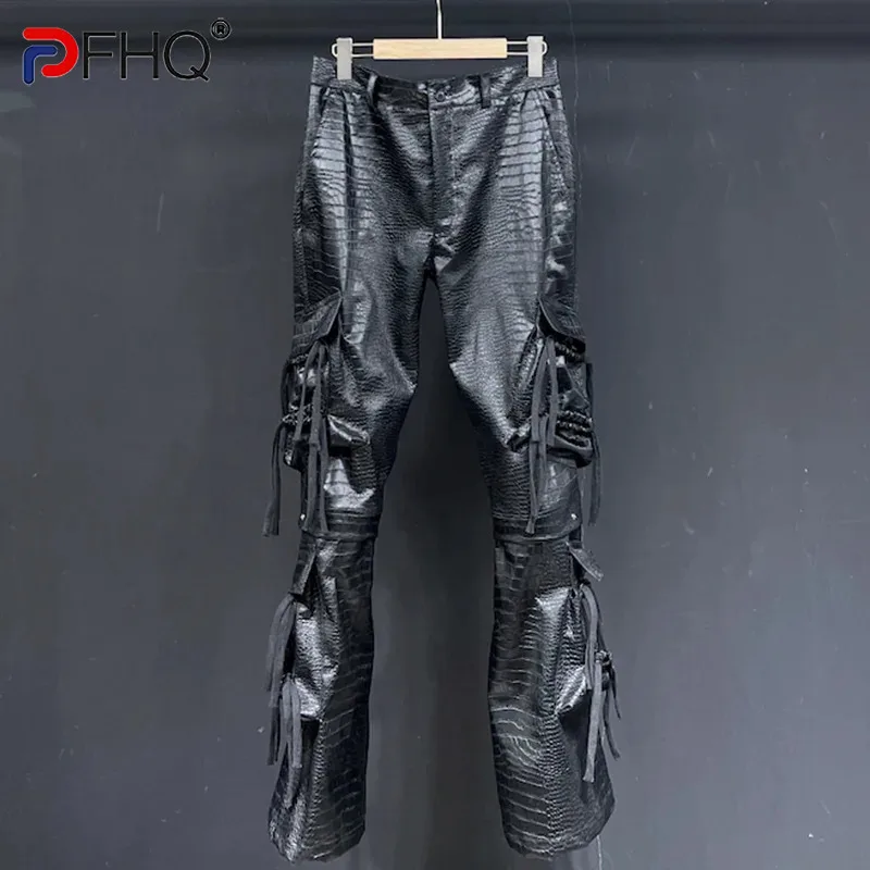 

PFHQ Men's Darkwear Flared Pants Pattern PU Leather Three-dimensional Multi Pocket Design Motorcycle Trousers Autumn New 21Z3606