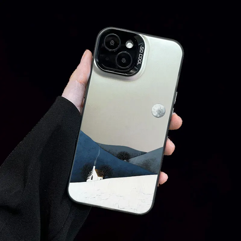 Mountain Landscape Cottage Minimalist Style Painting Phone Case For IPhone 16 15 Plus 16 15 14 13 12 11 Pro Max Mini Laser Cover – Detail 2