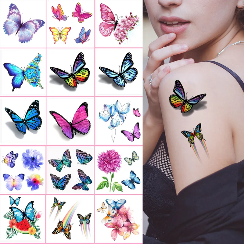 15 Pcs Butterfly Temporary Tattoos for Women Flower Fake Tattoo Waterproof Disposable Realistic Tattoo Stickers Body Makeup