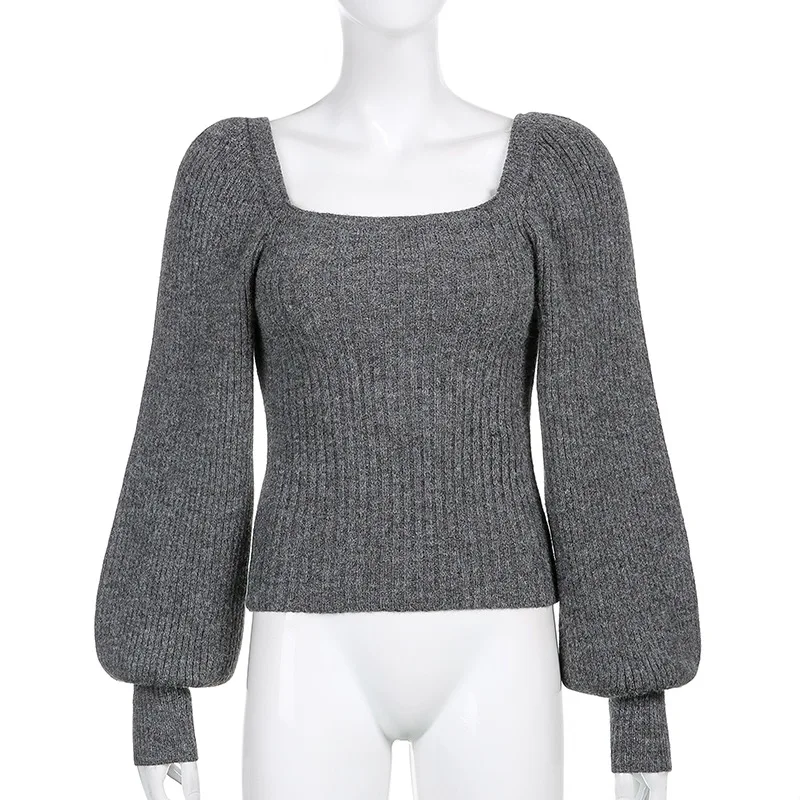 Winter Slim Fit Sweater Retro Square Collar Lantern Sleeves Solid Color Knitted Top Women's Autumn Korean Style Women's Knitwear