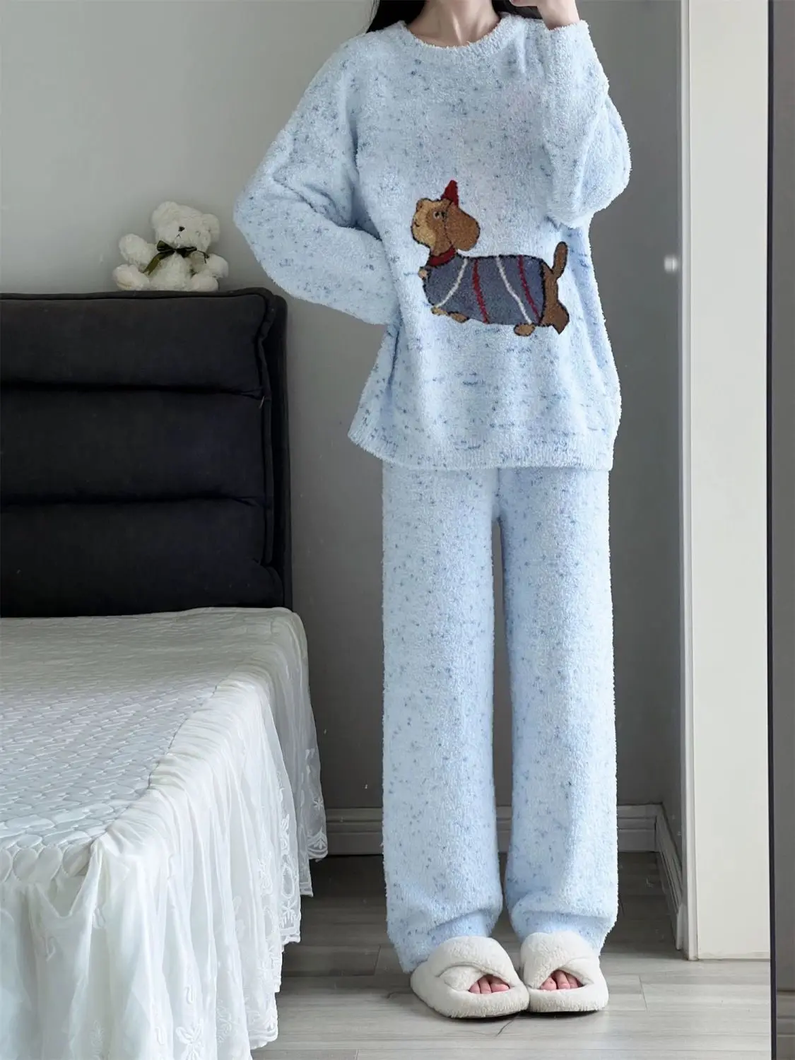 Coral Velvet Pajamas Women Winter Sweet Cute Dog Leisure Thickened Girls Homewear Blue Soft Warm Set
