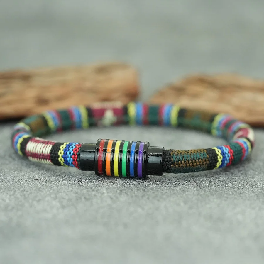 Rainbow Color Fabric Rope Bracelet with Magnet Buckle for Men and Women