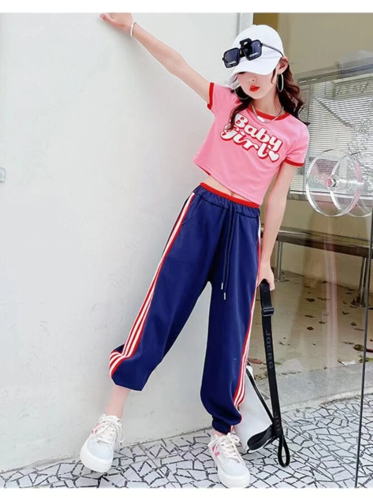 

2023 New Fashion Girls Clothing Sports Sets Summer Short Sleeve T-Shirt+Pants 2 Pcs Kids Outwear Children Clothes Suit 5-14Years