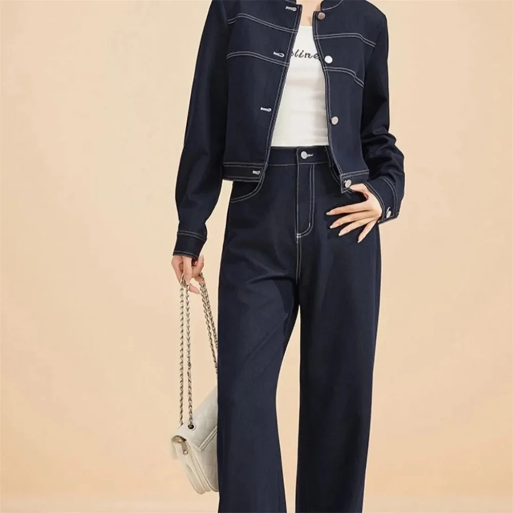 Fashion Casual Suit for Women Spring 2025 New Stylish And Slimming Denim Jacket Wide Leg Pants Two-Piece Set Female Denim Jacket