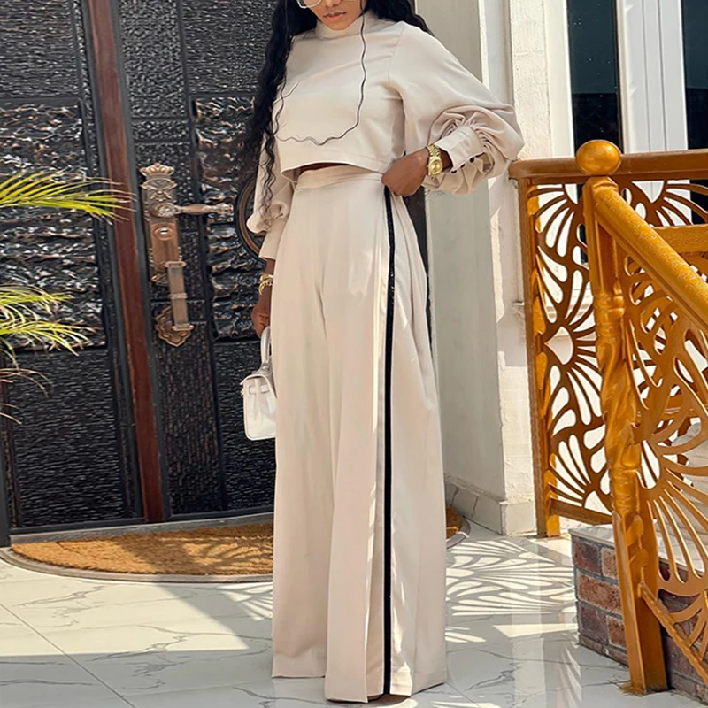 

Women's Half High Collar Lantern Sleeve Top + Wide Leg Pants 2 Piece Set 2023 New Fashion Ruched Commuting Suits Casual Outfits