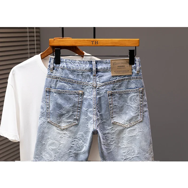 2024 Summer New Personality Dragon Print Stylish Straight Blue Denim Shorts Male Street Style Men's Straight Denim Shorts 6