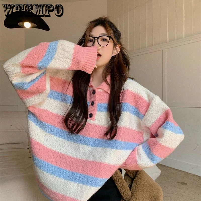 

WTEMPO Women Sweater POLO Collar Stripe Knitwear Korean New Long Sleeve Academy Style Pullover Women's Top In Autumn and Winter