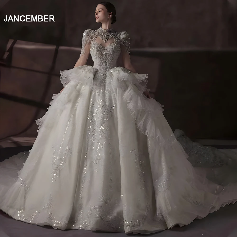 

Jancember Superfine Exquisite Wedding Dresses High Neck Full Sleeves Illusion Ruffles Beading Button Vestidos De Novia LSHT013