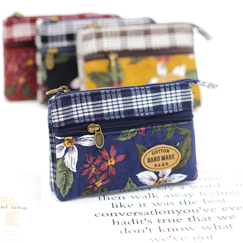 Monedero de tela de algodón multicapa con diseño de flores para mujer, monedero pequeño de cartera para tarjetas mujer, de lona Retro, a la - AliExpress