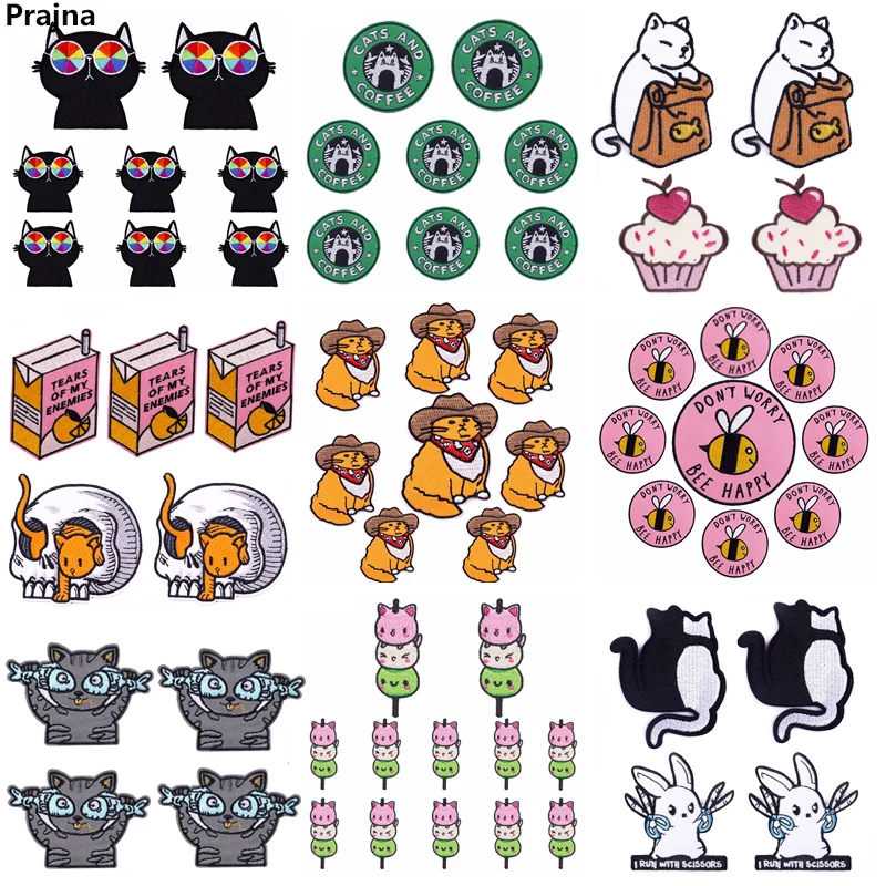 10 Teile/lose Tier/Katze Patch Nette Cartoon Gestickte Patches Auf Kleidung DIY Eisen Auf Patches Für Kleidung Trinken Lebensmittel nähen Aufkleber