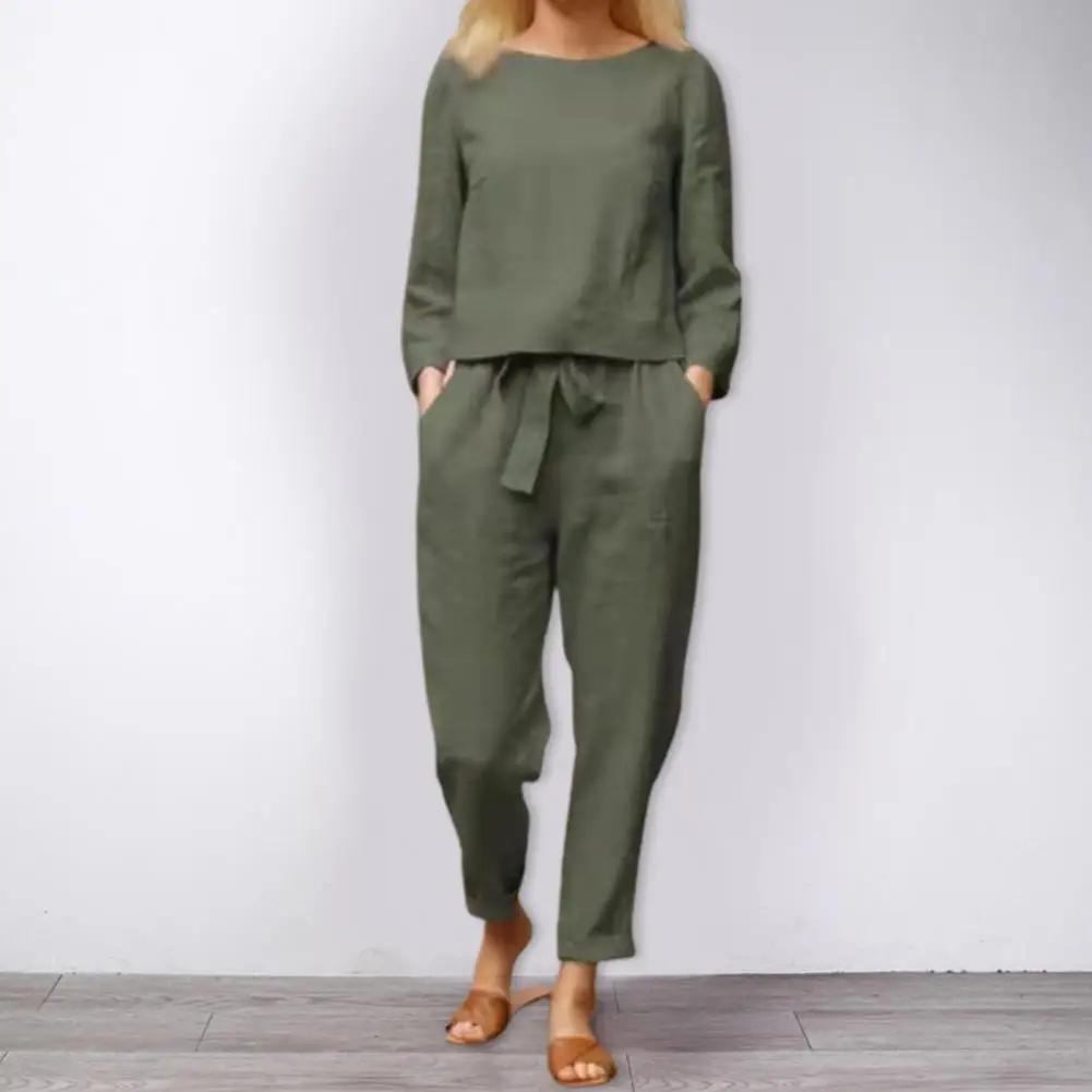

Women Shirt Elegant Women's Two-piece Suit with Round Neck Shirt Elastic Waist Pants Breathable Sweat Absorbing Stylish for All