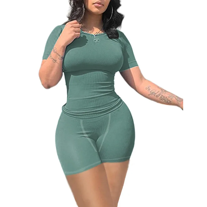 Lounge Wear Ribbed Casual 2 Piece Summer Shorts Set For Somen Short Sleeve Top+Elastic outfits Best Sellers In Women's Clothing