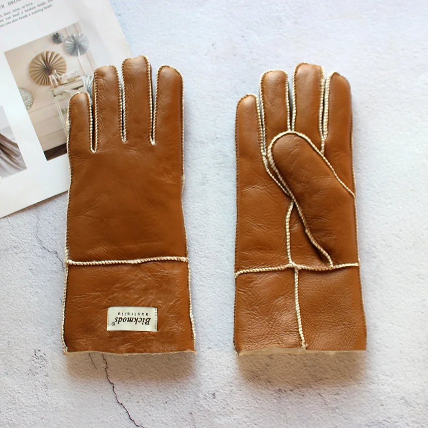 Women's Thickened Winter Sheepskin Fur Gloves Windproof Warm Outdoor Motorcycle Riding Color Leather Finger Gloves