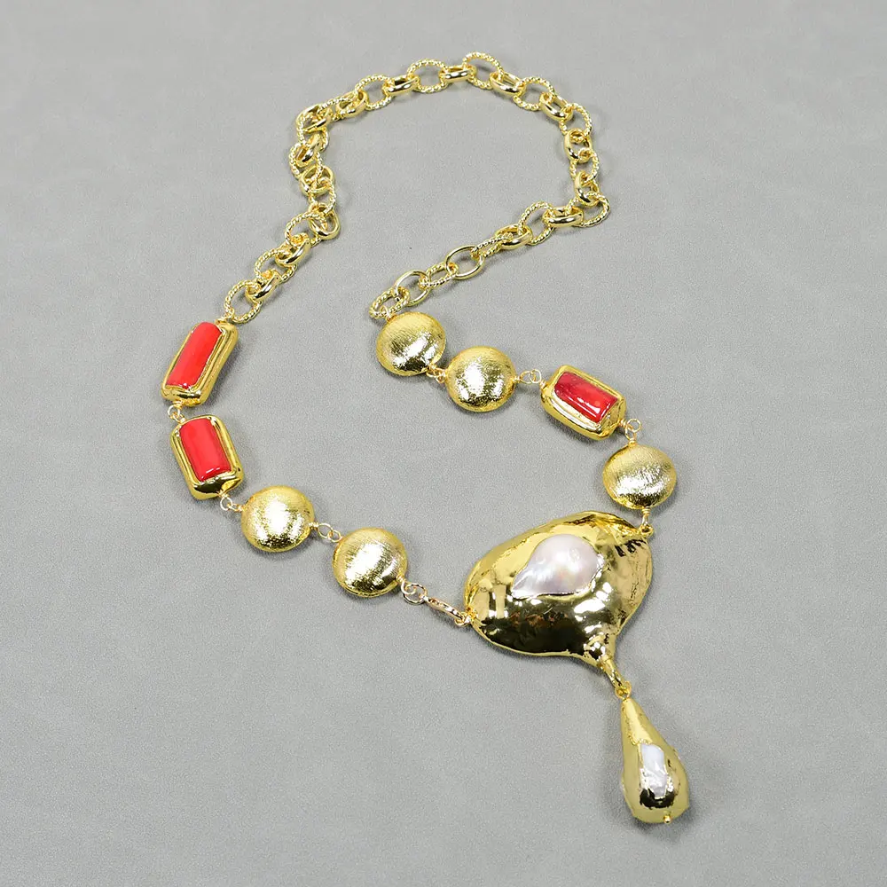 

GG Jewelry Natural White Keshi Pearl Red Coral Gold Plated Brushed Coin Beaded Chain Necklace Big Pearl Pendant 25" For Lady