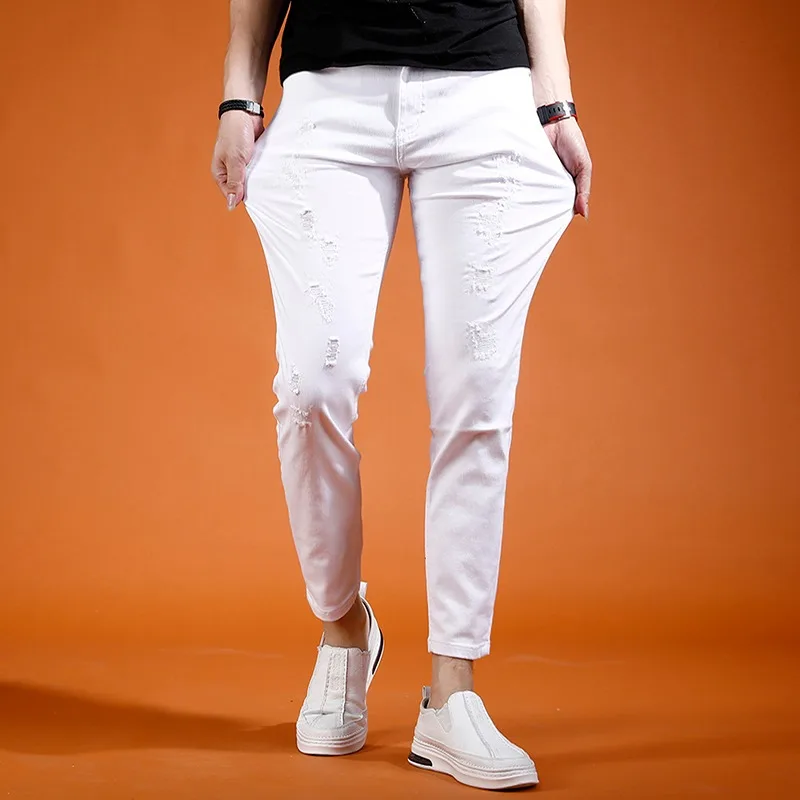 Summer White Ankle-Length Pants Men Ripped Jeans Streetwear Casual Solid Color Slim Fit Denim Trousers