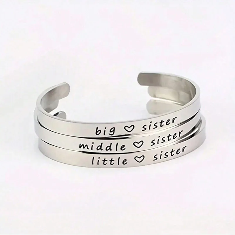 Silver Color Big Middle Litter Sister Cuff Bracelet Stainless Steel Engraved Bangles Family Friendship Jewelry Gifts 5