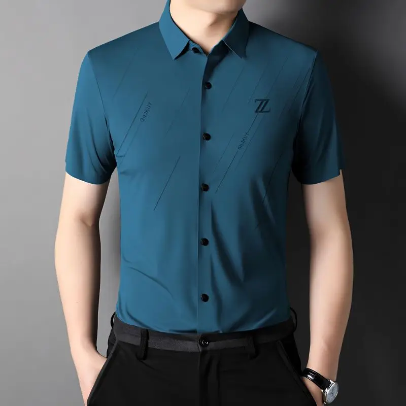 New in Shirts for Men Vintage Lapel Business Casual Summer Short Sleeve Button Letter Printed Embroidery Fashion Tops