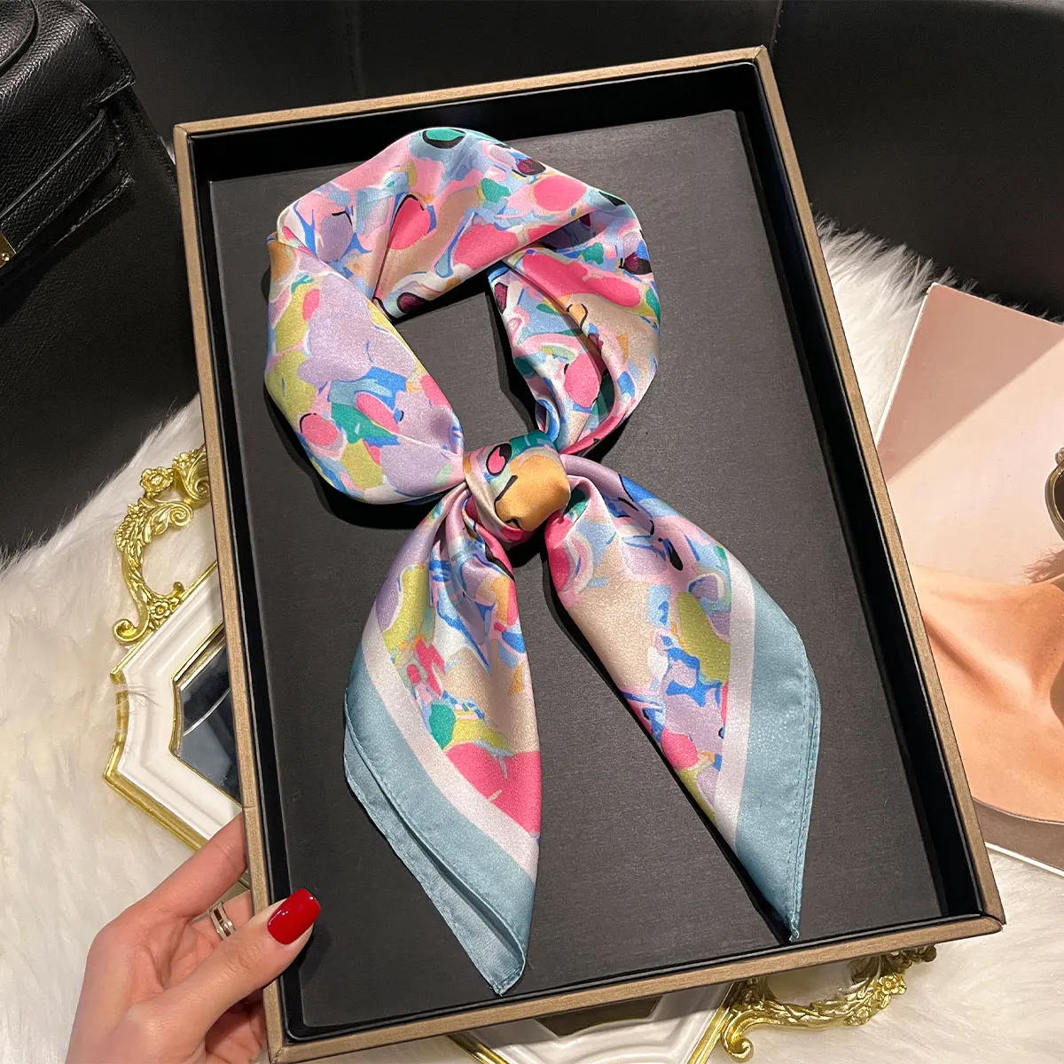 New Luxury Fashion Print 70*70cm Silk Square Scarf Women Soft Satin Hairband Neckerchief Tie Female Headband Foulard Bag Ribbon