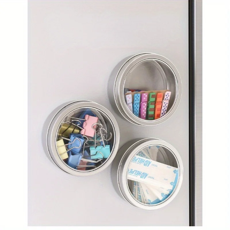 Magnetic Fridge Organiser Round Tin Box With Magnet Kitchen Spice Storage Box Home Office Organisers With Transparent Cover 5