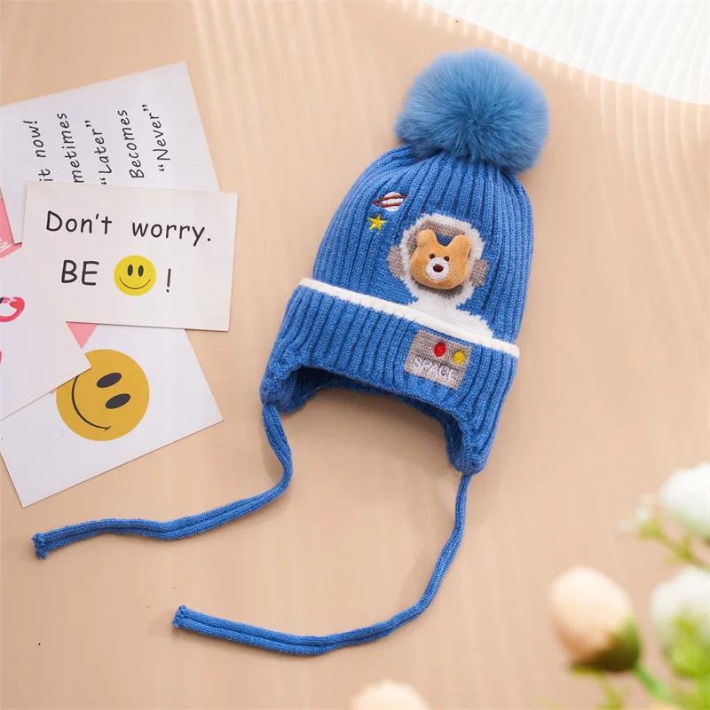 Urocza czapka zimowa pompon Babys niemowlę czapka nausznik dzianina ciepła czapeczka dla chłopców dziewczynki maluch dzieci podszyty polarem czapka Beanie darmowa wysyłka 1-4T