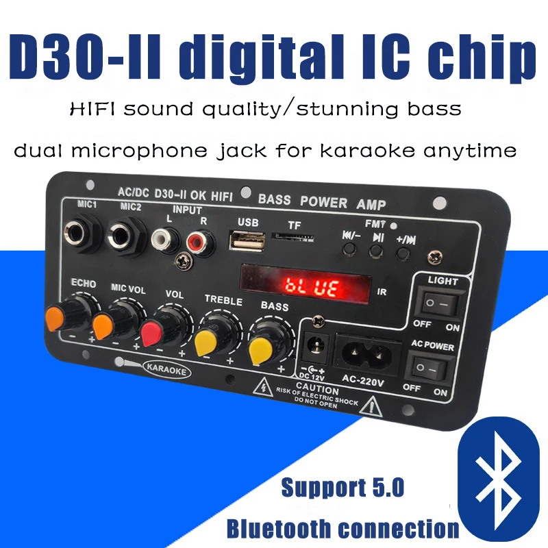 110V 220V 12V Digital Bluetooth Amplifier Board Subwoofer Dual Microphone Karaoke Amp Speaker Home Theater DIY 30W