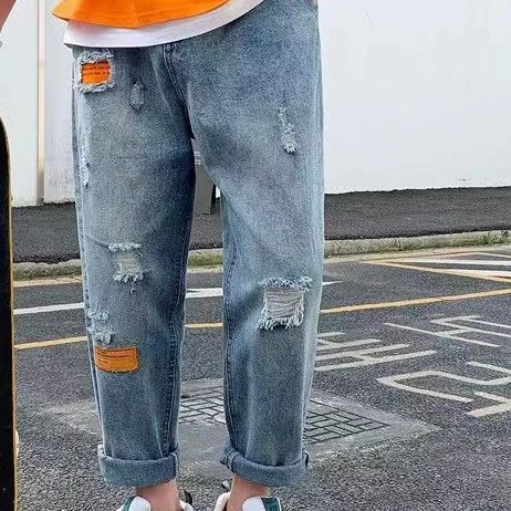 Washed and Torn Straight Leg Jeans for Women's Spring and Autumn American Vintage Couple Wide Leg Winter Casual Pants