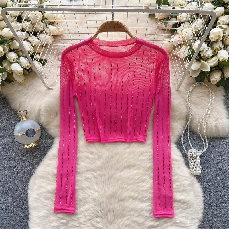 pink mesh crop top long sleeve