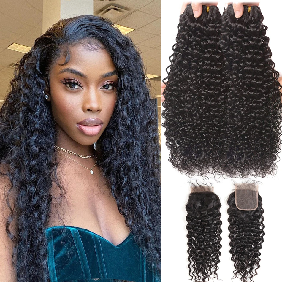 Brazilian Water Wave Bundles with Closure Wet and Wavy Curly Human Hair Bundles with Closure 4×4 Lace Remy Hair Extensions