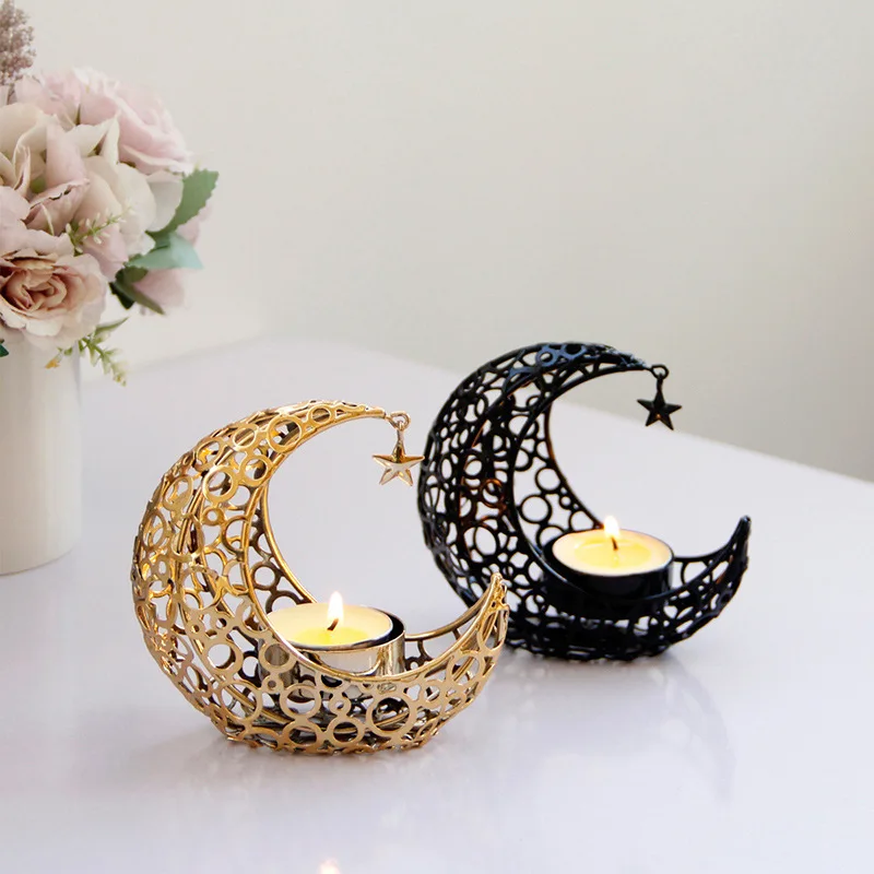 Gold/Black Tealight Luxury Crescent Moon Star Metal Candle Holder