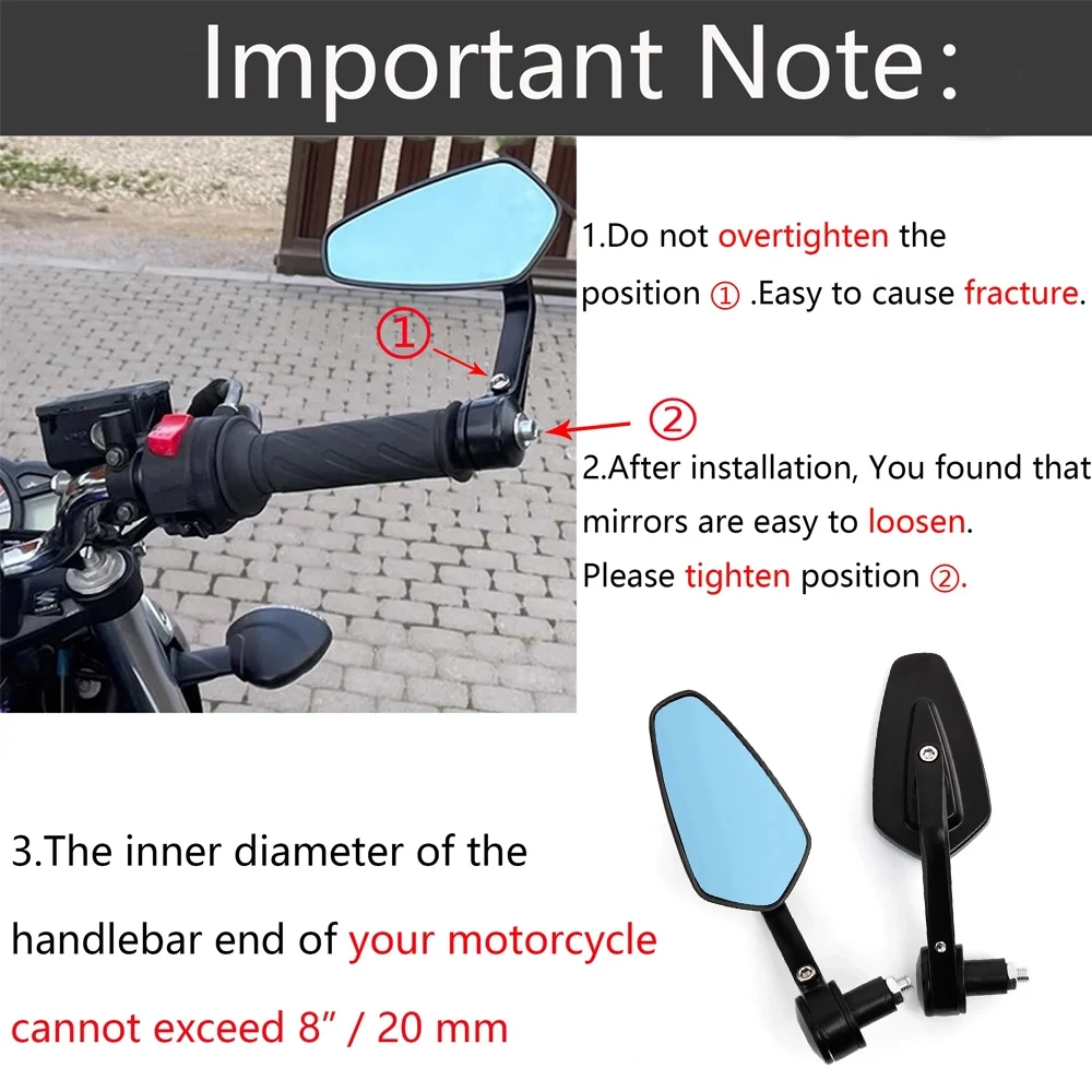 Motorcycle Mirrors 2x 7/8" 20mm Rear View Anti-Glare HD Motorbike Handlebar End Side for Scooters ATV Bike Motorcycles