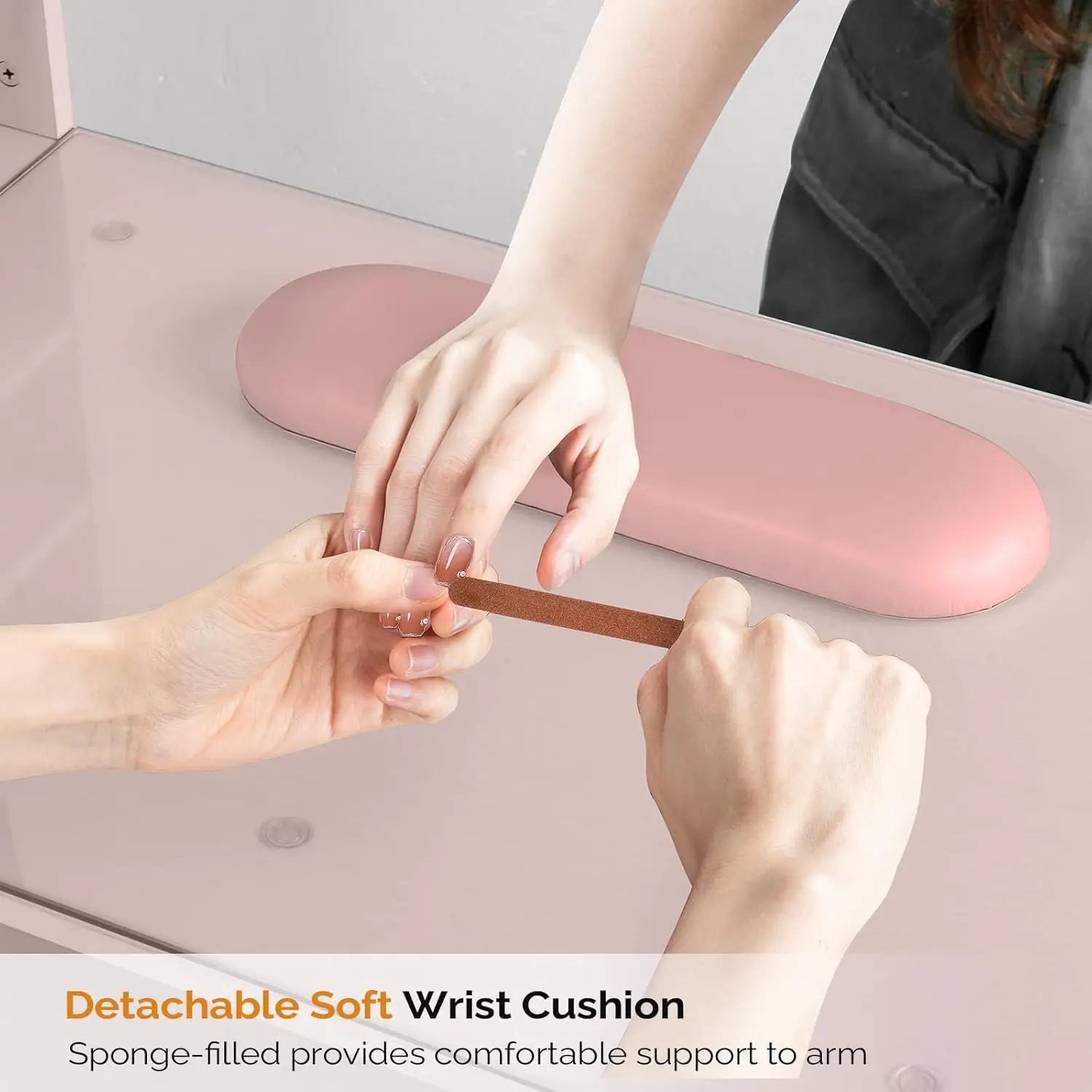 Manicure Table Nail Desk for Nail Tech w/Glass Top & Wrist Rest, Beauty Salon Nail Supplies Decor Workstation Acetone Resistant