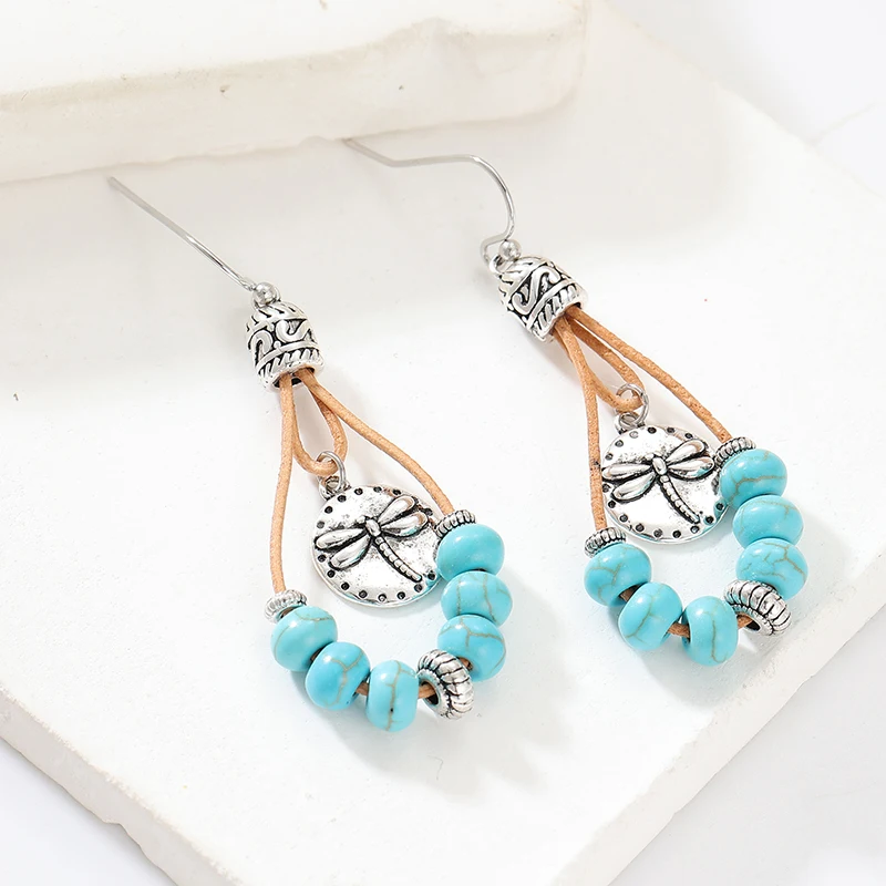 Pendientes colgantes con diseño de libélula vintage bohemio con turquesa sintética para mujer, pendientes étnicos de color plateado, joyería