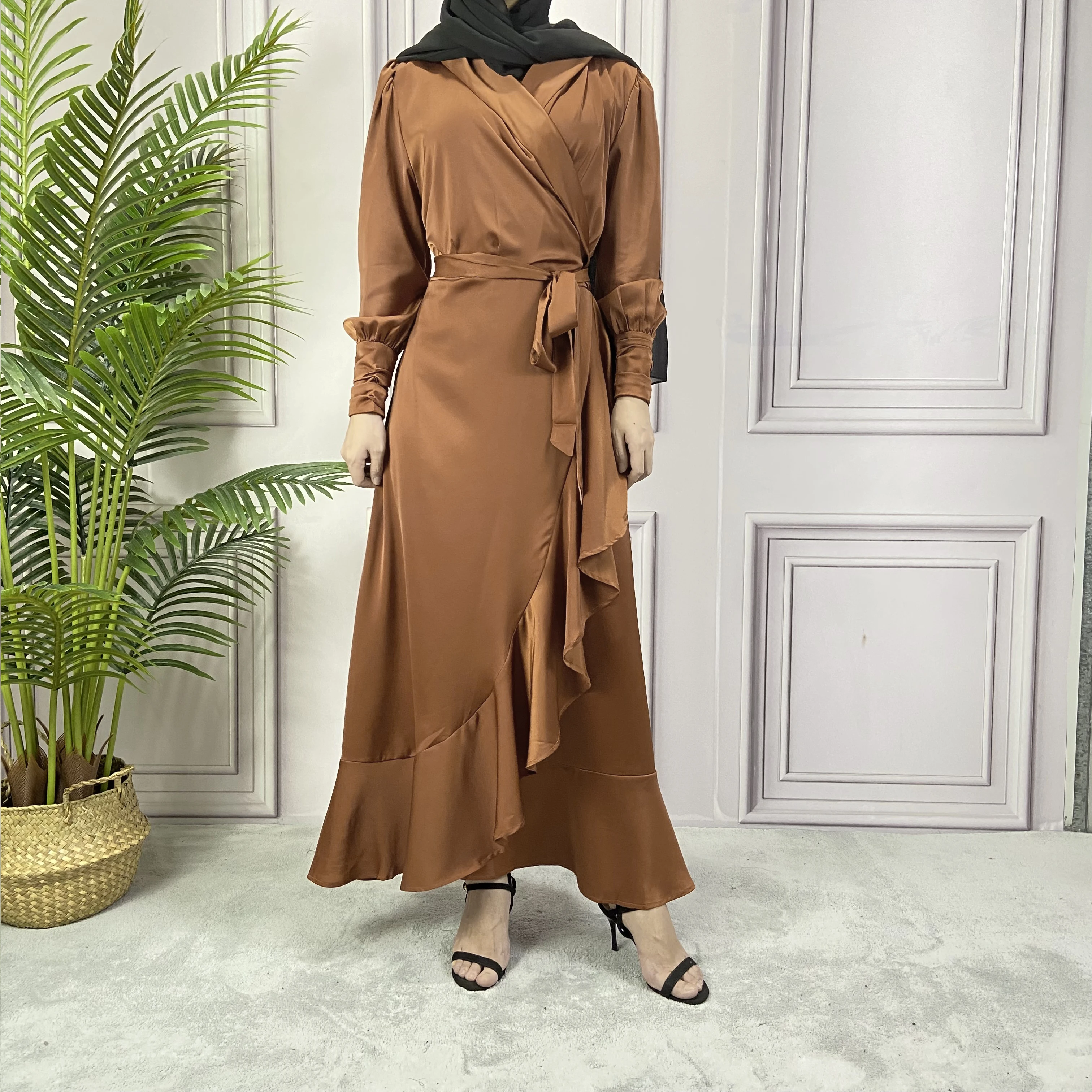 

Modest Islamic Clothing Women Maxi Wide Ruffle Layered Satin Party Muslim Islamic Dress